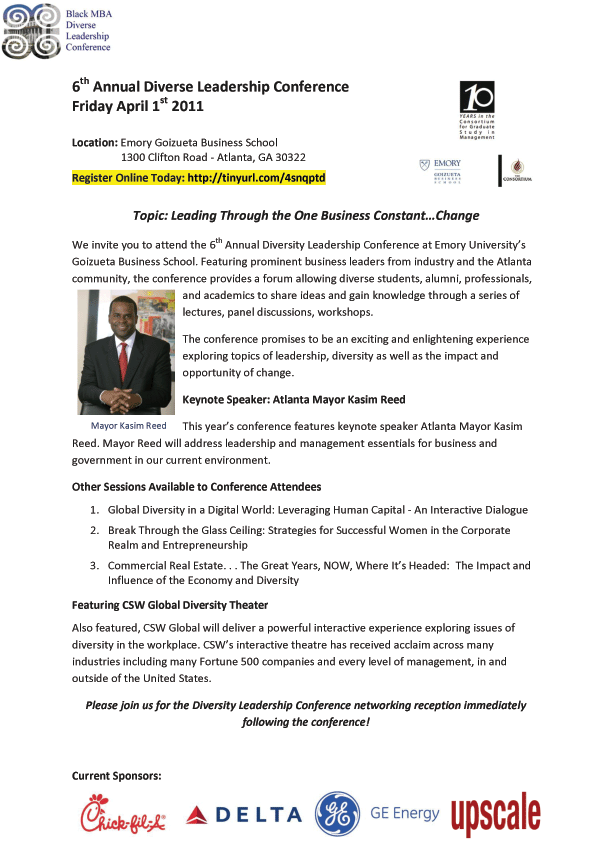 Emory Goizueta Business School 6th Annual Diverse Leadership Conference: Mayor Kasim Reed, Keynote Speaker - Friday, April 1, 2011