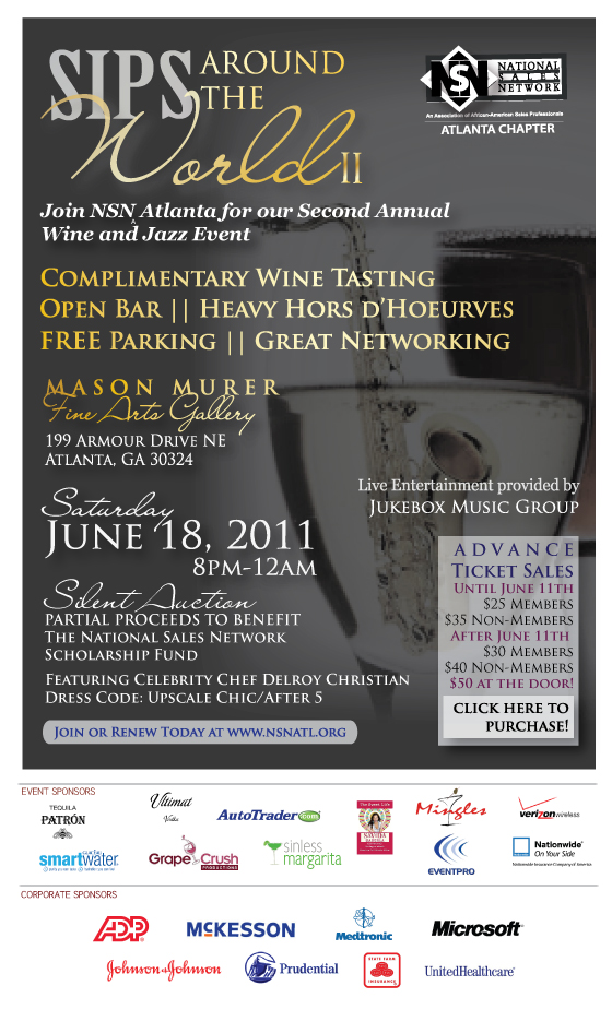 Join NSN Atlanta for Sips Around the World II: A Wine Tasting and Jazz Charity Event featuring LIVE Music, Silent Auction, and Premier Networking on June 18, 2011